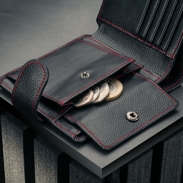 Coin pocket inside the Black with Red Detail Leather Wallet with Coin Pocket
