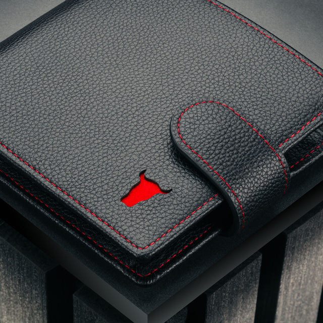 Black with Red Detail Leather Wallet with Coin Pocket