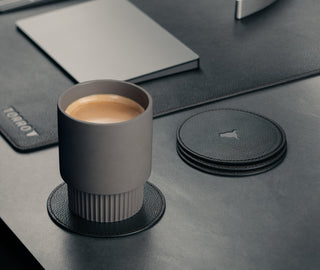 Desk setup with Black Leather Coasters