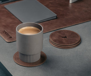 Desk setup with Dark Brown Leather Coasters