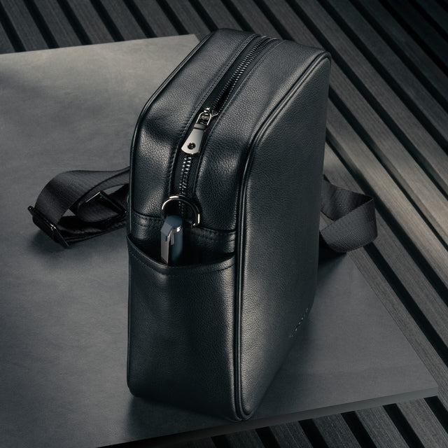 Side pocket on the Black Leather Crossbody Shoulder Satchel Bag