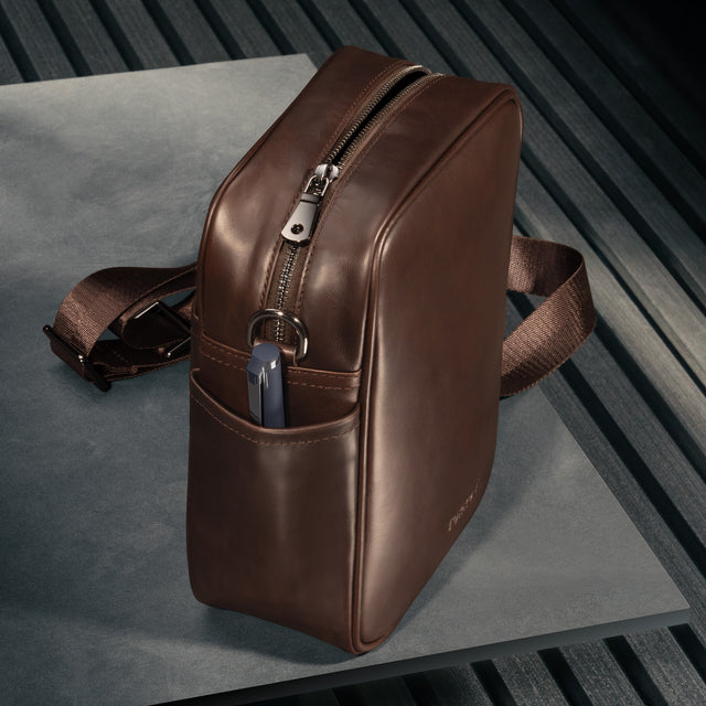Side pocket on the Dark Brown Leather Crossbody Shoulder Satchel Bag