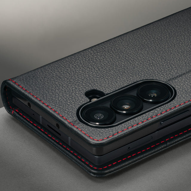 Camera cutout on the Black with Red Detail Leather Case for Samsung Galaxy Z Fold8 Ultra