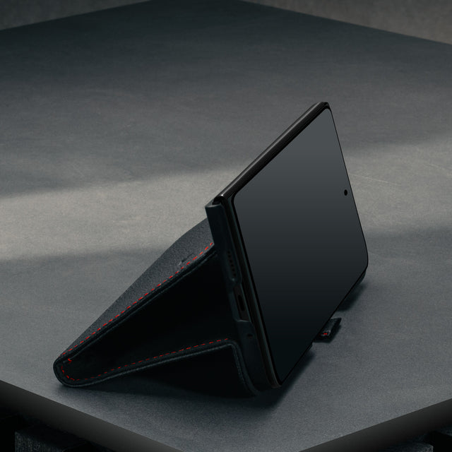 Lower stand function of the Black with Red Detail Leather Case for Google Pixel 10 Pro Fold