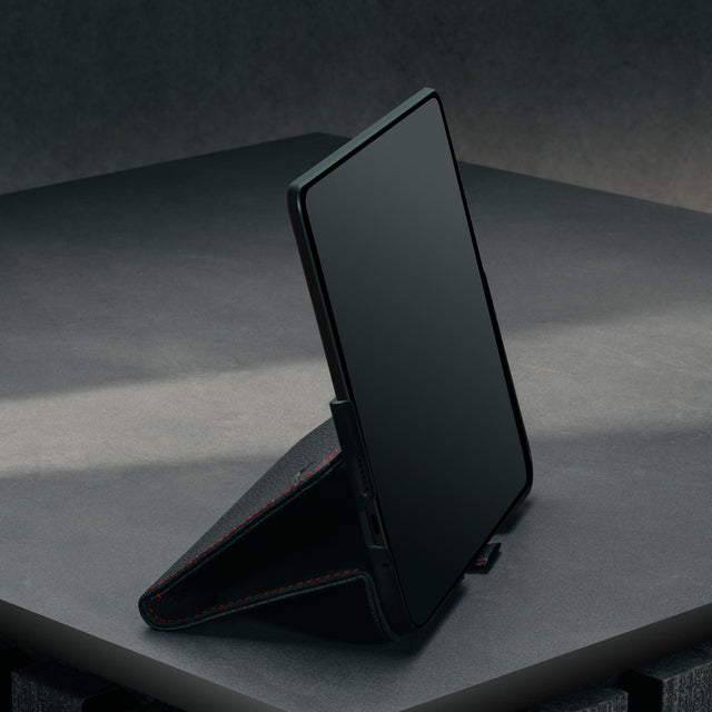 Stand function of the Black with Red Detail Leather Case for Google Pixel 10 Pro Fold