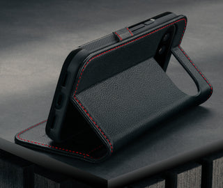 Stand function of the Black with Red Detail Leather Cse for Google Pixel 10 / 10 Pro.