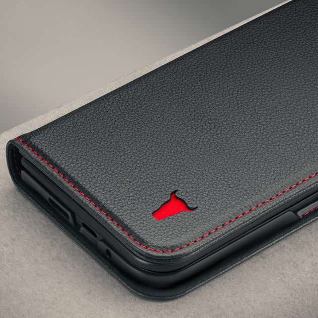 Close up of the Black with Red Stitching Leather Case for the Google Pixel 11 Pro Fold