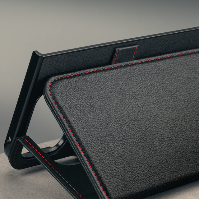Magnetic clasp of the Black with Red Stitching Leather Case for the Google Pixel 11 Pro Fold