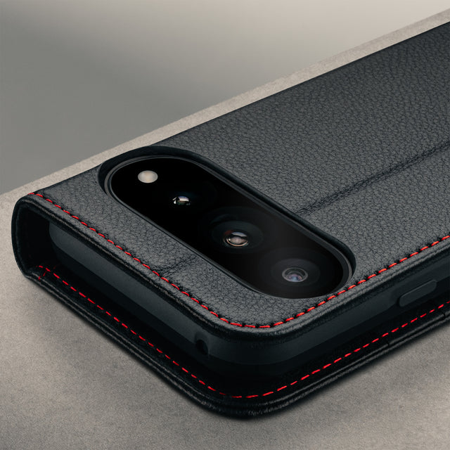 Camera cutout on the Black with Red Stitching Leather Case for the Google Pixel 11 Pro XL