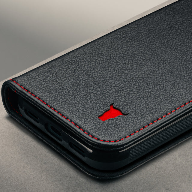 Close up of the Black with Red Stitching Leather Case for the Google Pixel 11 Pro XL