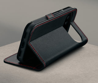 Stand function of the Black with Red Stitching Leather Case for the Google Pixel 11 Pro XL