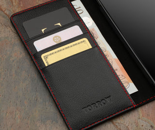 Card slots inside the Black with Red Detail Leather Case for Google Pixel 8