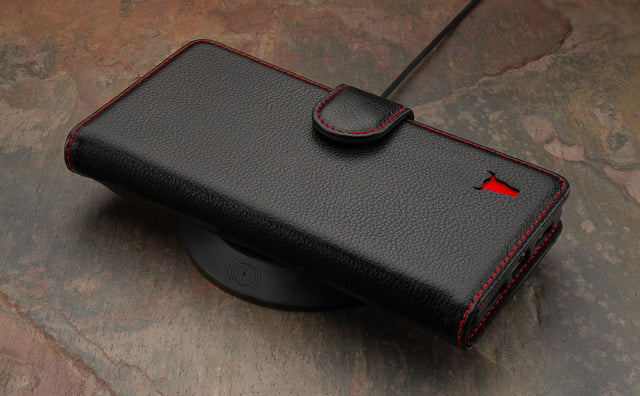 Black with Red Detail Leather Case for Google Pixel 8 Pro on Qi Wireless Charger