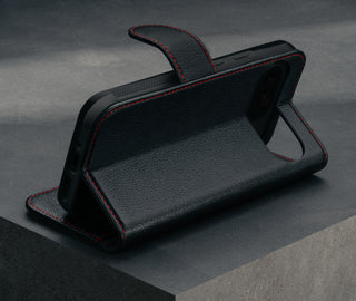 Stand function of the Black with Red Detail Leather Wallet Case for Google Pixel 9