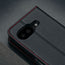 Camera cutout on the Black with Red Detail Leather Wallet Case for Google Pixel 9