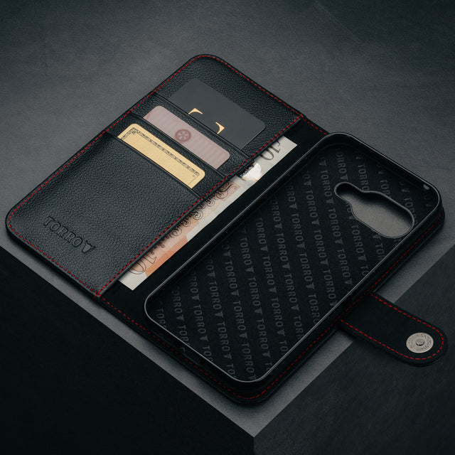 Card slots and microfibre lined frame of the Black with Red Detail Leather Wallet Case for Google Pixel 9