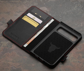 Card slots and microfibre lining of the Black with Red Detail Leather Wallet Case for Google Pixel Fold