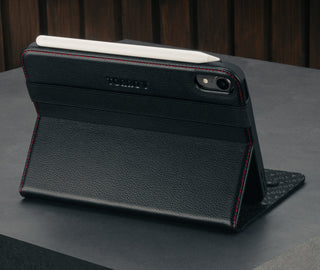 Stand function of the Black with Red Detail Leather Case for Apple iPad Mini 8