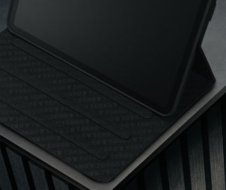 Multiple viewing angles of the Black with Red Detail Leather Case for Apple iPad Pro 12.9" (2024)