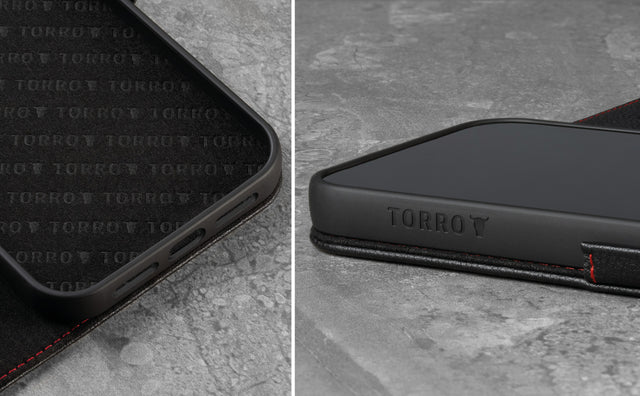 Microfibre Lining and Frame of the Black with Red Detail Leather Folio Case for iPhone 13