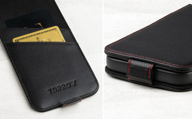 Card storage and closure tab on the Black (with Red Stitching) Leather Flip Case for iPhone 14