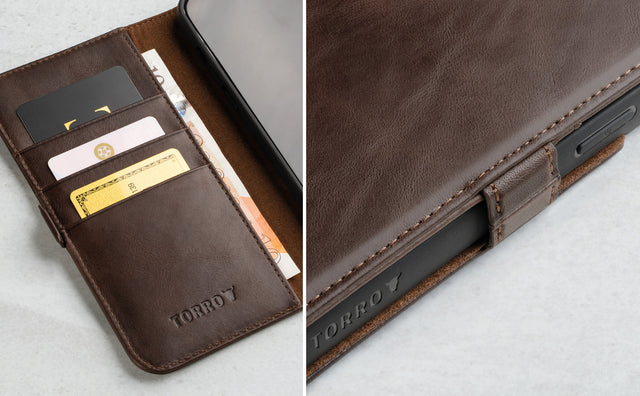 Dark Brown Leather Folio Stand Case for iPhone 14 Max