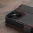 Camera cutout on the Black with Red Detail Leather Wallet Case for iPhone 15 Plus