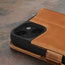 Camera cutout on the Tan Leather Wallet Case for iPhone 15 Plus