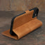 Integrated stand function of the Tan Leather Wallet Case for iPhone 15 Plus