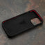 Geometric microfibre lined frame with advanced GEO-AS-3 protection of the Black with Red Detail Leather Bumper Case for iPhone 15 Pro