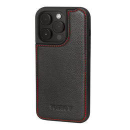 Black with Red Detail Leather Bumper Case for iPhone 15 Pro