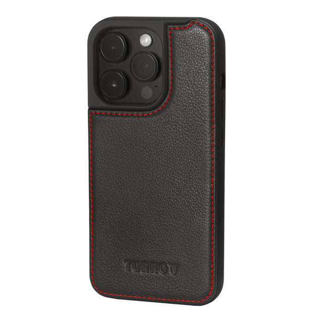 Black with Red Detail Leather Bumper Case for iPhone 15 Pro