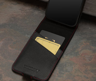 Card slots inside the Black with Red Detail Leather Flip Case for iPhone 15 Pro Max