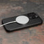 MagSafe Charger attached to the Black Slimline Leather Bumper Case for iPhone 15 Pro Max