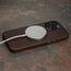 MagSafe charger attached to the Dark Brown Slimline Leather Bumper Case for iPhone 15 Pro Max
