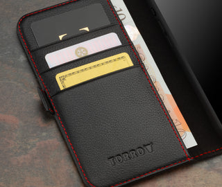 Card slots inside the Black with Red Detail Leather Wallet Case for iPhone 15 Pro Max