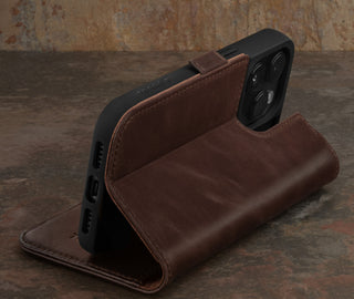 Integrated stand function of the Dark Brown Leather Wallet Case for iPhone 15 Pro Max