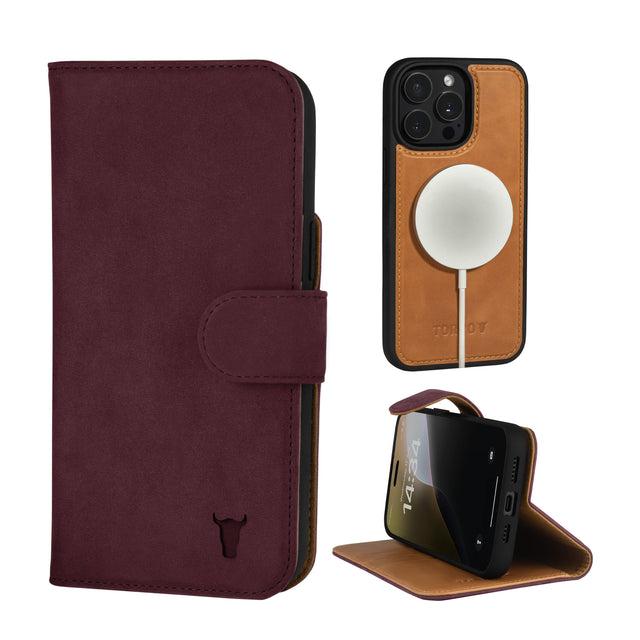 Maroon Nubuck Leather Case (with detachable cover) for iPhone 15 Pro