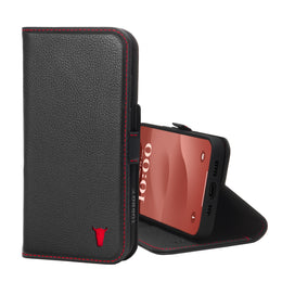 Black with Red Detail Leather Wallet Case for iPhone 15 Pro