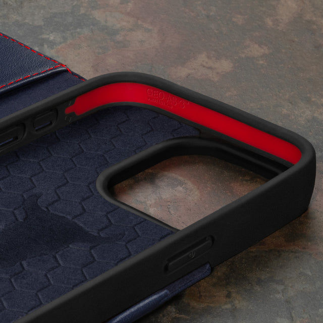 Geometric microfibre lined frame with advanced GEO-AS-3 protection of the Navy Blue Leather Wallet Case for iPhone 15 Pro