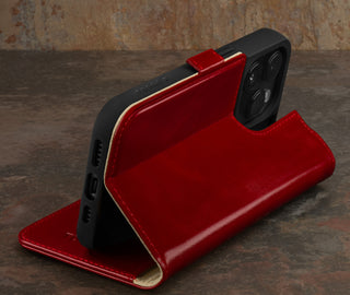 Integrated stand function of the Red Leather Wallet Case for iPhone 15 Pro