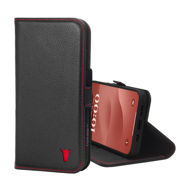 Black with Red Detail Leather Wallet Case for iPhone 15