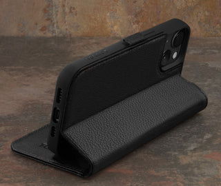 Integrated stand function of the Black Leather Wallet Case for iPhone 15