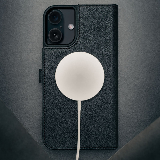 MagSafe charger on the Black Leather Case for iPhone 16 Plus