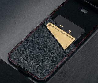 Card slots inside the Black with Red Stitching Leather Flip Case for iPhone 16