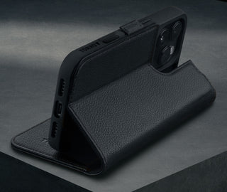 Stand function of the Black Leather Case for iPhone 16 Pro Max
