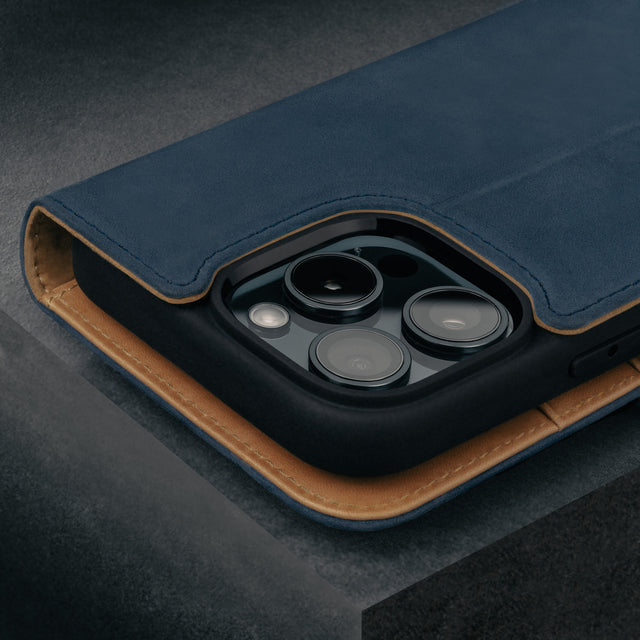 Camera cutout on the Blue Nubuck Leather Case (with detachable cover) for iPhone 16 Pro