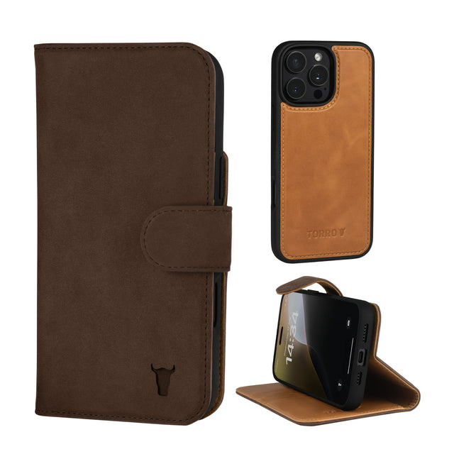 Dark Brown Nubuck Leather Case (with detachable cover) for iPhone 16 Pro