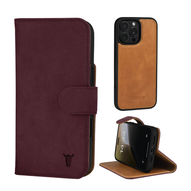 Maroon Nubuck Leather Case (with detachable cover) for iPhone 16 Pro