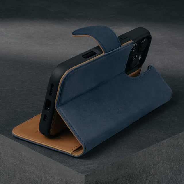 Stand function of the Blue Nubuck Leather Case (with detachable cover) for iPhone 16 Pro